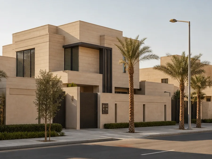 تصور توضيحي لمنزل حديث في حي سكني بمدينة الرياض